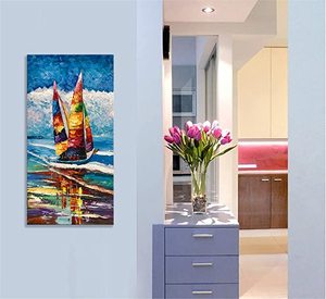Dipinti di arte della parete pittura a olio acrilica dipinta a mano moderna su tela barca a vela sul mare dipinti astratti - Product Image 6