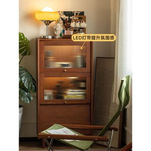 Nordic <b>Solid</b> <b>Wood</b> <b>Bookcase</b> 3 Compartments Vintage Cabinet Living Room Storage With Doors Floor Standing Cabinet - Product Image 2