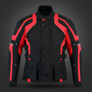 Blouson de moto homme/femme noir et rouge à blocs de couleur, manches longues, coupe-vent, toutes saisons, avec détails réfléchissants - Product Image 1
