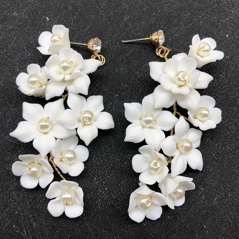 ROMANTIC Wedding jewelry gold plated pearl white clay flower bridal clip on earrings