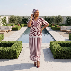 Pronta Consegna: Abito Lungo da Donna Stile Europeo e Americano, Nuova Collezione Autunno 2025, Moda Africana con Motivi Geometrici, Scollo a V, Maniche Corte, Vestibilità Ampia - Product Image 5
