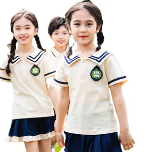 Bestseller Kindergarten Grundschule Uniform Khaki Jungen und Mädchen Hemd Röcke Schuluniformen Bekleidung Design-Dienstleistungen