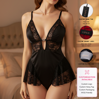 Body Teddy en Satin Noir pour Femme avec Dentelle, Décolleté Plongeant Sexy en V Profond et Jupe, Lingerie avec Panneaux Floraux Transparents