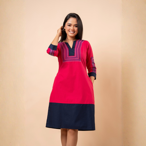 Robe courte en coton rose bonbon à deux tons, avec broderies, décontractée pour femmes - Product Image 4