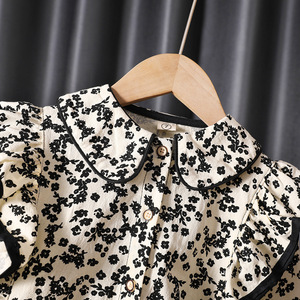 Girls Floral Blouse Cotton Long Sleeve Ruffle Collar Autumn Spring Kids Shirt Black White Patterned Children's Top - Product Image 3