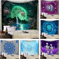 Tapisserie murale en polyester avec motif de montagnes et phases de lune noires, impression HD, résistante à la décoloration, légère, OEM ODM