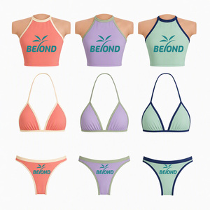 Ensemble de maillot de bain 3 pièces pour femme, OEM, en tissu recyclé, personnalisé, avec étiquette privée, bordure contrastée et perles, comprenant un haut à manches courtes et un short de bain - Product Image 1