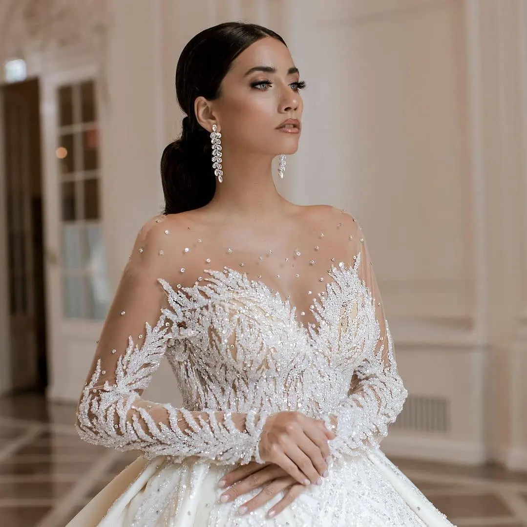 2021 Neuankömmling schwere Perlen Kristall kugel Kleid Luxus Brautkleider lange Ärmel V offene Rücken Brautkleider