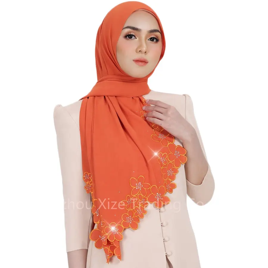 JYL New Tudung Scallop Sulam Chiffon Shawl Embroidery Chiffon Ladies Headscarf Malaysia Scarf Scallop Cutting Design Hijab