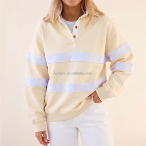 Felpa da Donna Rosa Chiaro con Colletto Polo a Righe, Mezza Abbottonatura, Oversize, Manica Lunga, Pullover Casual Personalizzabile in Taglie Grandi - Product Image 5