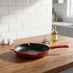 Poêle à frire classique ronde en <span class=keywords><strong>fonte</strong></span> <span class=keywords><strong>émaillée</strong></span> antiadhésive de 26,5 cm avec poignée d'aide et bec verseur, design tendance - Product Image 2