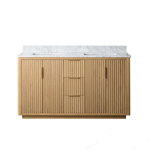 <span class=keywords><strong>Mobile</strong></span> da <span class=keywords><strong>Bagno</strong></span> Minimalista in Rovere Massiccio Scanalato con Top in Marmo e Cassetto Centrale per Stoccaggio |   ODM Vietnam, Certificato UPC - Product Image 1