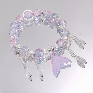 Gelang manik-manik kristal retak bunga mekar dengan liontin kupu-kupu putri duyung bulan bintang warna perak untuk wanita dan perempuan - Product Image 4