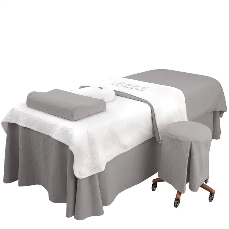 Luxe 100% coton gris salon massage ensembles de literie spa salon de beauté 4 pièces matelassé couvre-lit ensemble