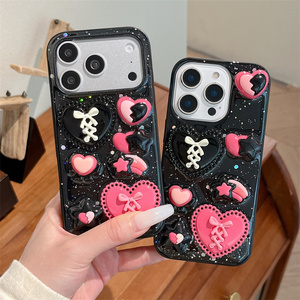 Black Glitter Love Bow DIY Mobile Phone case for <b>iPhone</b> 17 Air 16 15 14 13 Pro Max bling Resin Flower DIY Star 3D back Cover - Product Image 1