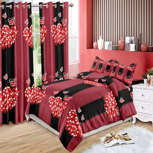 Red Rose Printed Microfiber Bedsheets Bedding Set With Curtains Set Floral for Living Room and Bedroom bedsheet and curtain set