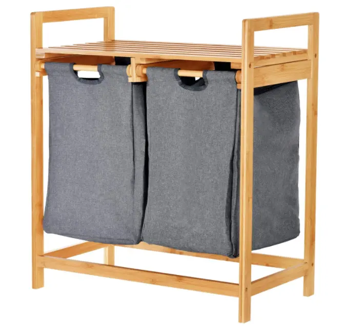 Bambus-Wäsche korb mit zwei Fächern Zweiteiliger Wäsche korb mit abnehmbaren Schiebe taschen und Regal