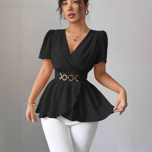 <span class=keywords><strong>Blusa</strong></span> Peplum Personalizada para Mujer con <span class=keywords><strong>Cuello</strong></span> en V y Hebilla Metálica en la Cintura, Top Elegante de <span class=keywords><strong>Manga</strong></span> Corta - Product Image 2