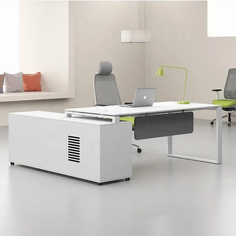 Modern Metal Frame L Shape White Office Furniture Manager Desk Table With Storage