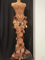 Robe de sirène luxueuse en bronze avec feuilles 3D, ornée de strass, costume de drag queen, robe de scène exotique pour diva