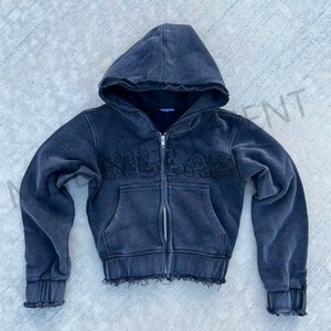 Custom <b>Zip</b> <b>up</b> Hoodie and Jogger Pants Set Cotton French Terry Distress Embroidery Logo <b>Cropped</b> Sweatsuit Set Tracksuit for Women - Product Image 4