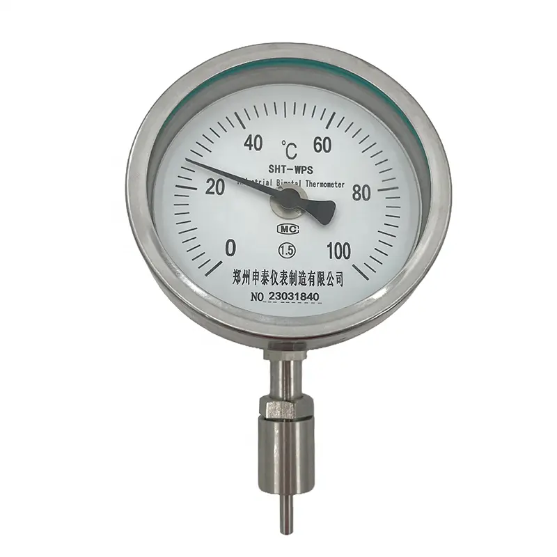Termômetro bimetálico ajustável inoxidável personalizado para tubos, sonda e faixa de temperatura