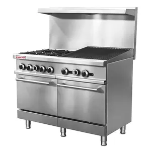 Professional 48" Gas range 4 Burner stove and lava rock grill top with 2 Oven
