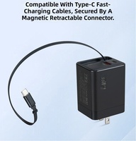 Chargeur mural rapide GaN 65W réel avec câble Type C rétractable, bloc de charge compact pour voyage, chargeur USB C multi-ports