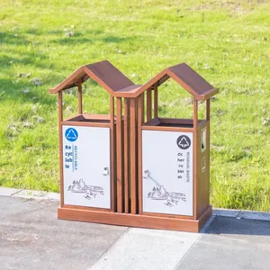 Ngoài Trời Kép Bin Thùng Rác Có Thể Trung Quốc Phong Cách Cổ Điển Gỗ Hạt Khung Mái Thiết Kế Công Viên Cộng Đồng Vườn Sử Dụng Bền Mạ Kẽm Tấm - Product Image 1
