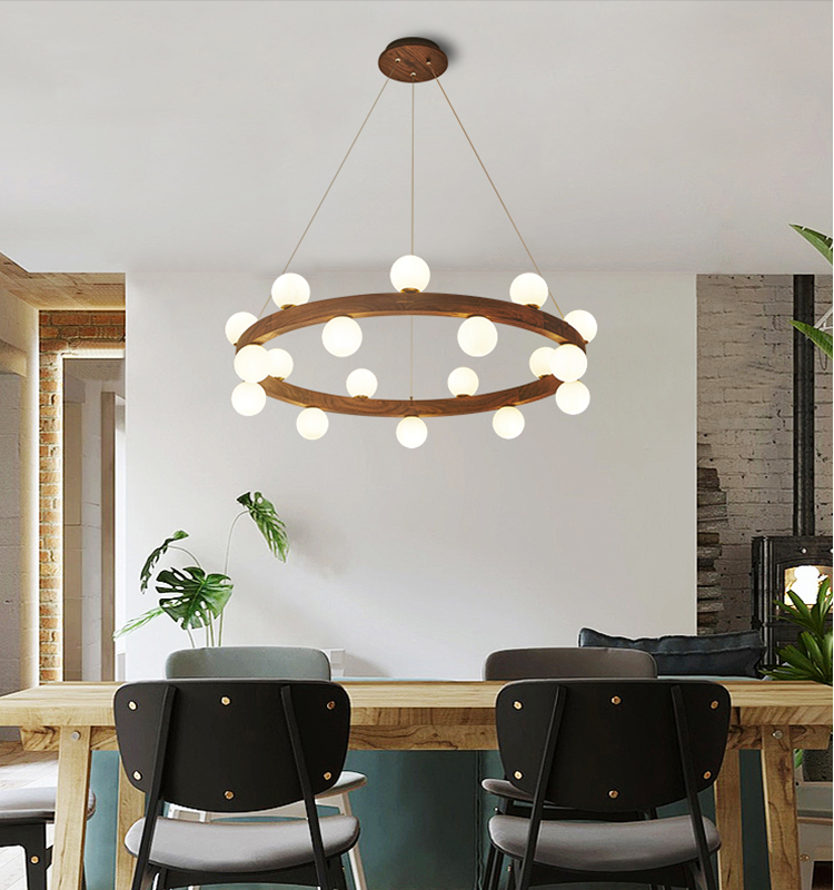 New Design Style Decoration Bedroom Interior Walnut Wooden Glass Round G9 Chandelier Light