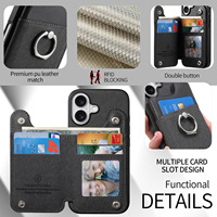 Étui antichoc en cuir TPU PU pour iPhone 17 Pro Max avec porte-cartes, pochette, anneau de maintien et béquille, couleur unie