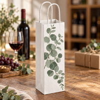 Sac cadeau en papier kraft pour bouteille de vin avec poignées torsadées, imprimé feuilles d'eucalyptus rondes sur le devant - Blanc