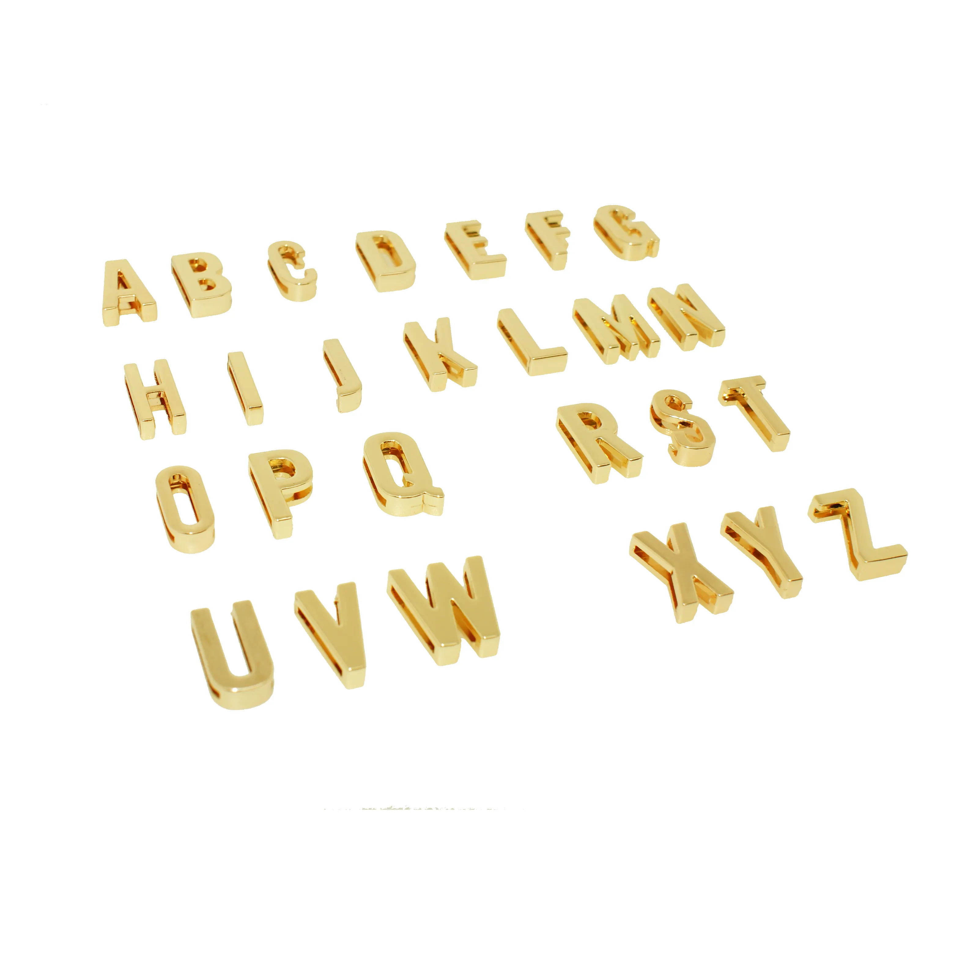 Pulseira personalizada de letras do alfabeto deslizantes para fazer pulseiras de couro, acessórios de cor dourada e lisa