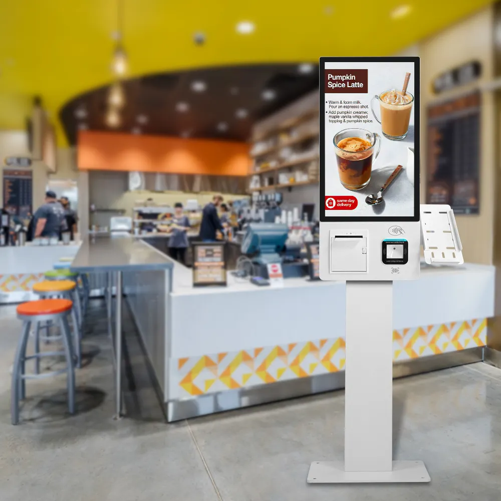 Zemin ayakta/duvar modu yazıcı dokunmatik dijital menü sipariş Kiosk kapalı kendini ödeme sistemi ile Android Rk3568 NFC QR
