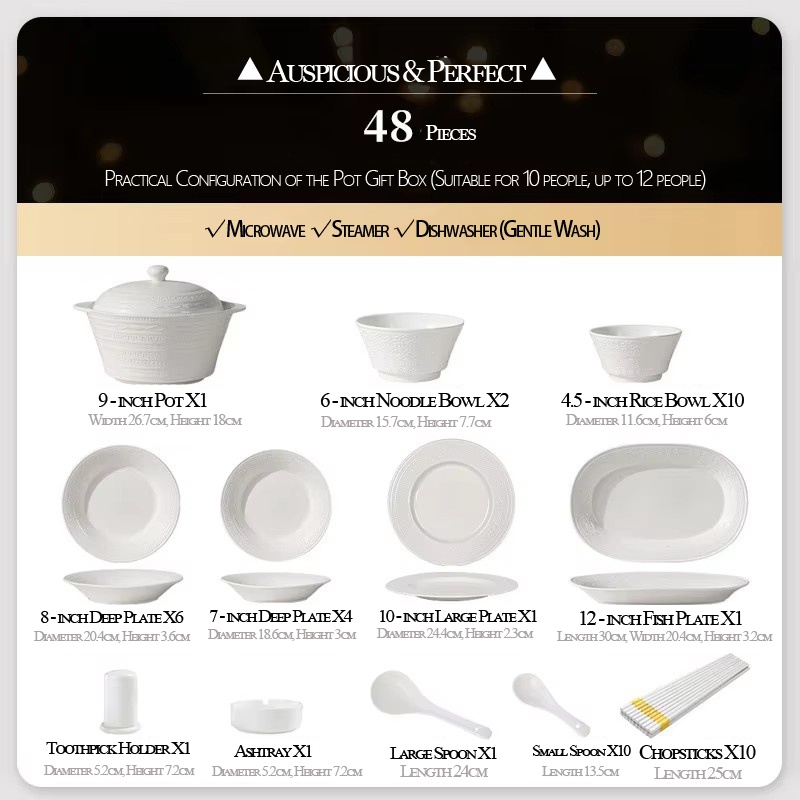 Ensemble de 48 pièces pour 10 personnes, motif "Prince Pot", un cadeau de bon augure et digne d'un prince.