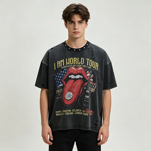 T-<span class=keywords><strong>shirt</strong></span> décontracté à manches courtes imprimé, coupe ample, style rétro, motif personnalisé, délavé à l'acide, avec rivets, par le fabricant Boxy Fit - Product Image 1