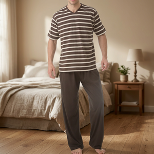 Ensemble de pyjama décontracté pour homme, vêtements de nuit, 100% coton, tissu jersey teint en fil, rayé, manches courtes, poches, confortable - Product Image 3