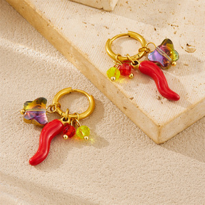 Hoop Earrings Red Chili Pepper Butterfly Charm Gold Plated Stainless Steel Fashion Dangle Earrings - Product Image 3