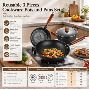 <span class=keywords><strong>Set</strong></span> di <span class=keywords><strong>Pentole</strong></span> e Padelle Antiaderenti in <span class=keywords><strong>3</strong></span> Pezzi con Logo Personalizzato, Riutilizzabile, per Cucina - Product Image 1