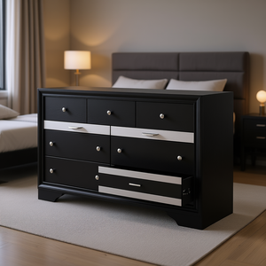 Comò Moderno di Lusso a 7 Cassetti in Legno Massello con Vassoio Estraibile per Gioielli, Mobile da Camera da Letto con Pannello Argentato - Product Image 2