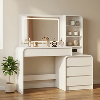 Table de maquillage en bois rose avec miroir LED 3 couleurs, plusieurs étagères et tabouret