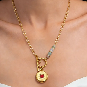 Collar de Acero Inoxidable 304 Chapado en Oro de 18K, Galvanoplastia al Vacío, Incrustaciones de Piedra Natural Roja, Cierre de Disco Redondo, Cadena de Cable, Joyería - Product Image 4