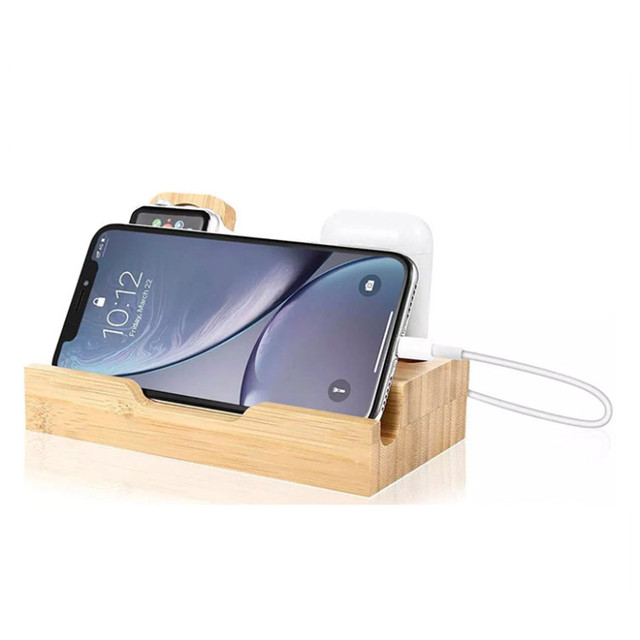 Bamboo Wooden 3-in-1 Wireless Charging Station with Valet Docking 17W High-Power Output