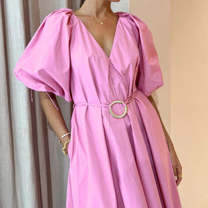 Pullover a Line scollo a V semplice abito di un pezzo da donna francese manica a sbuffo rosa <span class=keywords><strong>Midi</strong></span> lungo da donna eleganti abiti Casual - Product Image 3