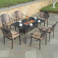 Vente directe usine – Ensemble table de jardin rectangulaire en aluminium moulé avec foyer et double grille pour l'extérieur