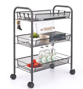 3-Tier Rolling Storage Utilitas Keranjang Multifungsi Organizer dengan Keranjang Kawat Jala untuk Rumah Kantor Dapur Mandi