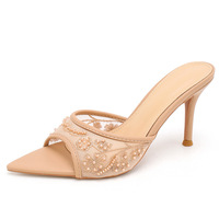 Mules à talons aiguilles tendance en maille perlée, sexy, à bout ouvert, talons hauts, style coréen, pour occasions spéciales, sophistiquées