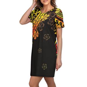 1MOQ su misura <span class=keywords><strong>giallo</strong></span> motivo floreale donna manica corta Tshirt Mini abiti taglie forti una linea con stampa fiori hawaiani - Product Image 1