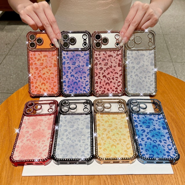 Electroplated Gradient Leopard Print Phone Case for iPhone 18 17 16 15 Pro Max Shell Rhinestone Diamond Frame Lens Back Cover