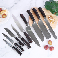 Ensemble de 9 couteaux de cuisine à motif laser Damas, manches en bois coloré, couteaux polyvalents pour trancher, couper, découper la viande, le pain, couteau de chef personnalisé